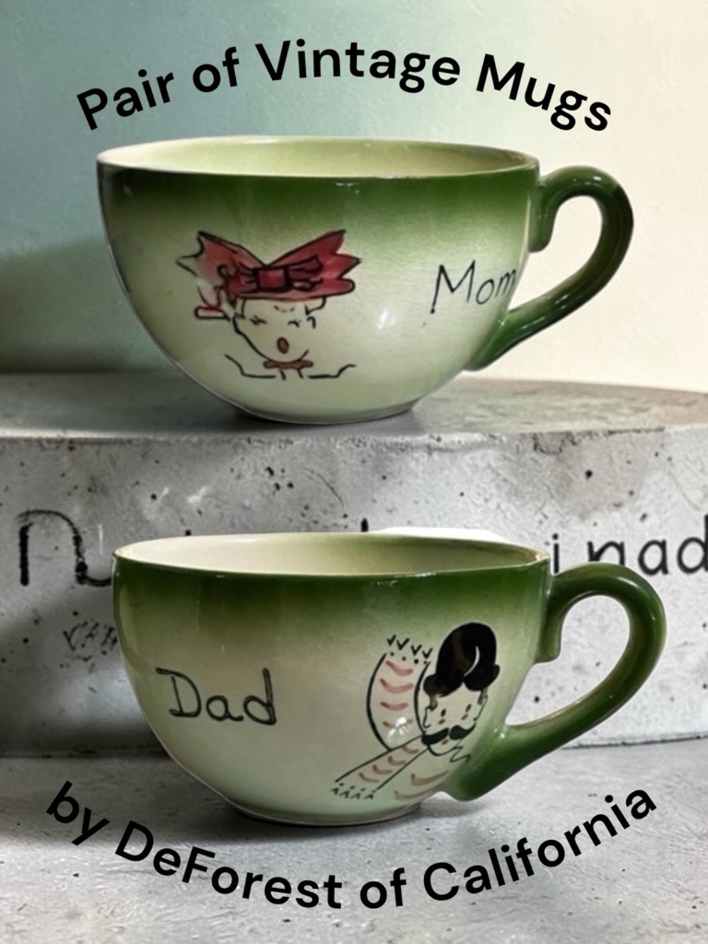 Vintage Set of Mom and Dad Mugs by DeForest of California Whimsical Hand Painted